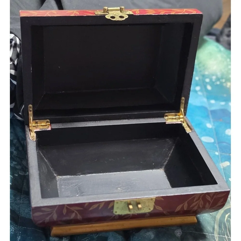 Vintage Hand-Painted Wooden Jewelry Box Floral Gold Red Black Antique Style